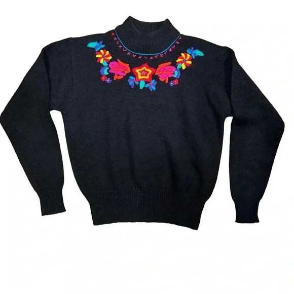 Nicole Curie Womens Medium Black Sweater with Bright Color Embroidered Flowers - Picture 1 of 4